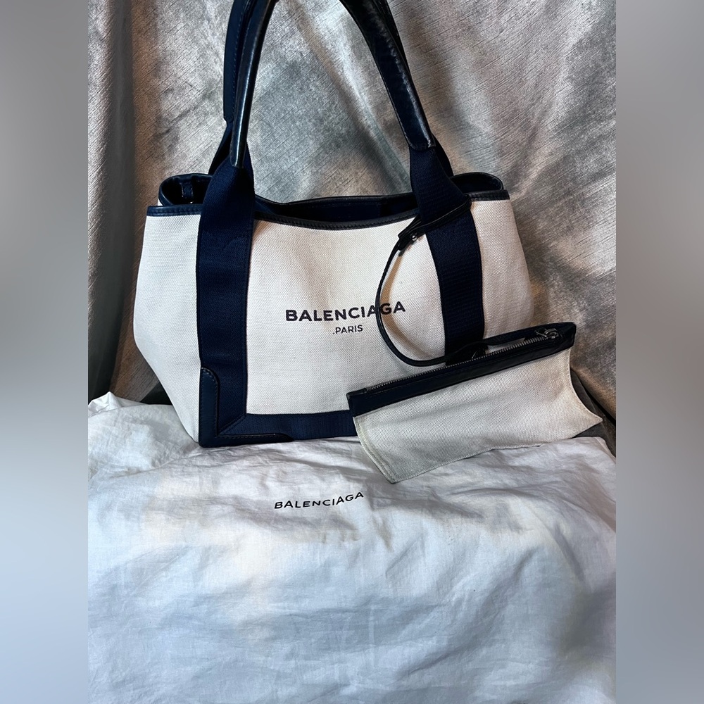#4685. BALENCIAGA Navy Cabas Eggshell Canvas/Leather Tote Bag w/Pouch & Dust Bag
